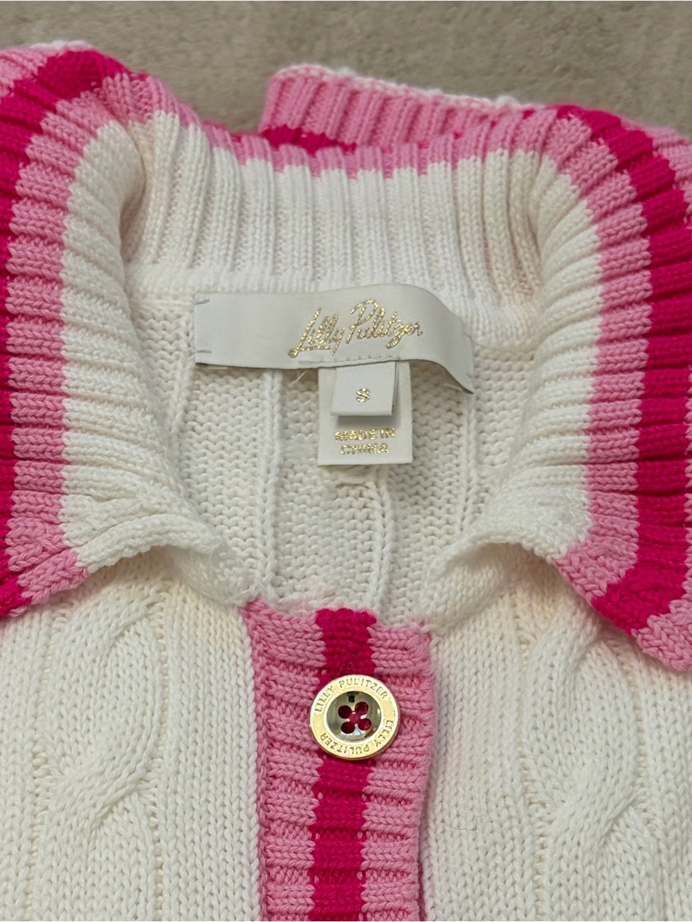 Lilly Pulitzer White Knit Cardigan with Pink Striped Collar